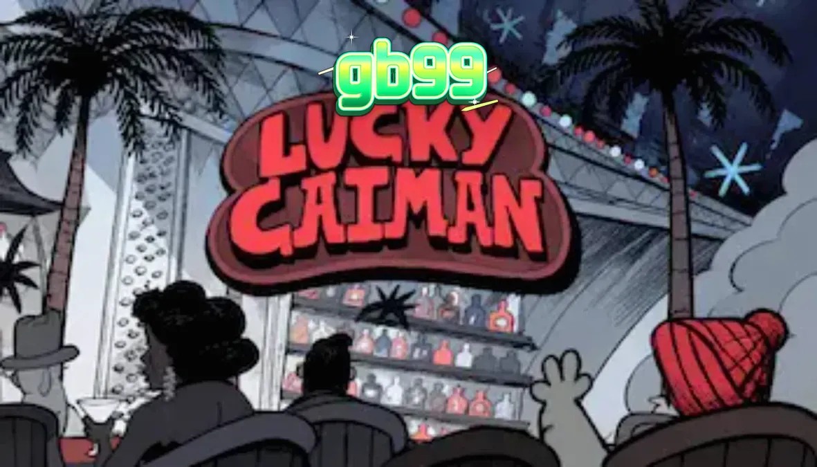 Lucky Caiman slot game interface with a crocodile host in a retro lounge setting